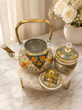 Ornate Floral Tea Kettle & Sugar Bowl Set with Gold Handle and Matching Lid