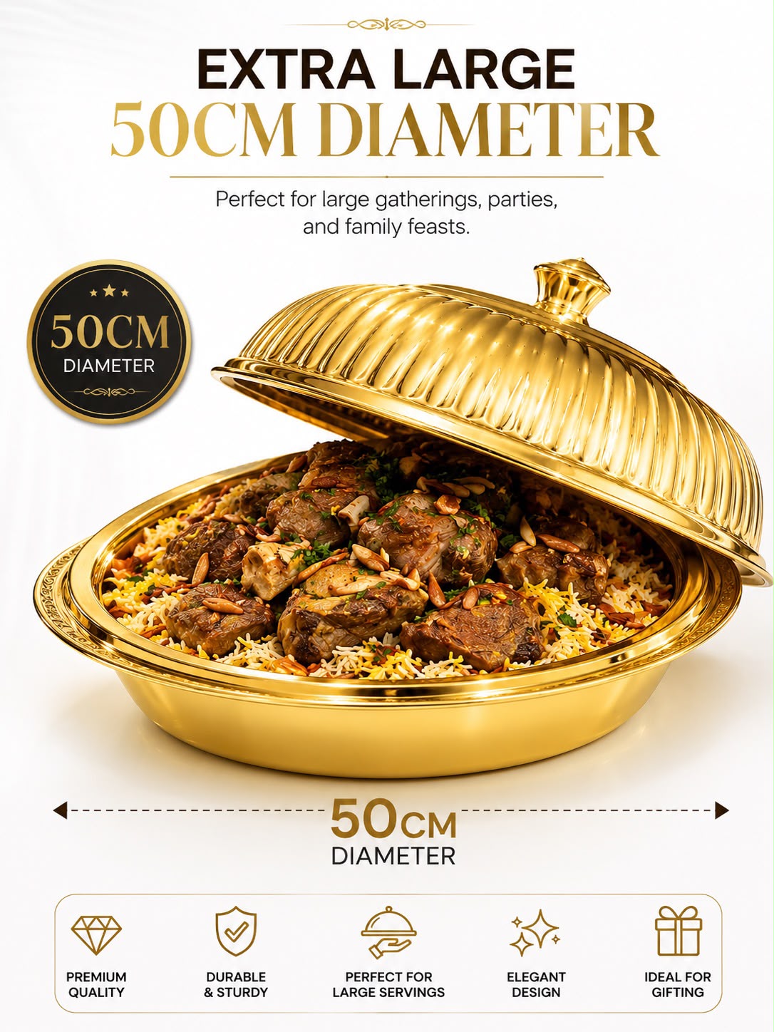 50CM Premium gold Serving Tray with Dome Lid – Extra Large