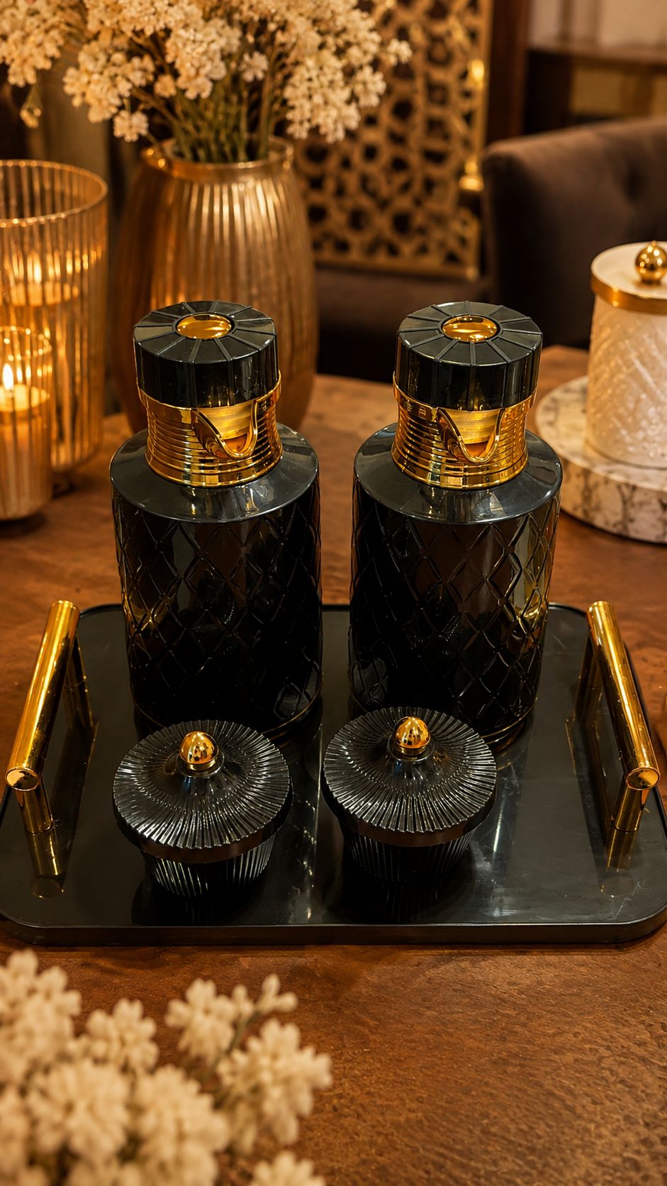 Luxury Black & Gold 1L Thermos Flask Serving Set (5 Pieces)