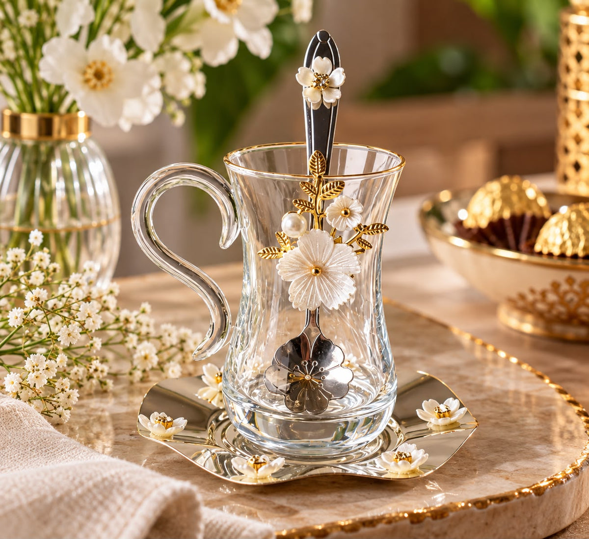 Luxury White Floral Glass Tea Set - 12 Pieces