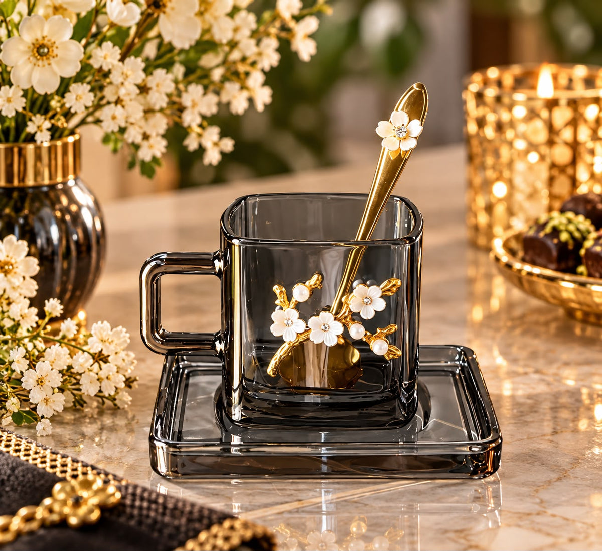 Luxury Smoky Black Floral Glass Coffee Set - 12 Pieces