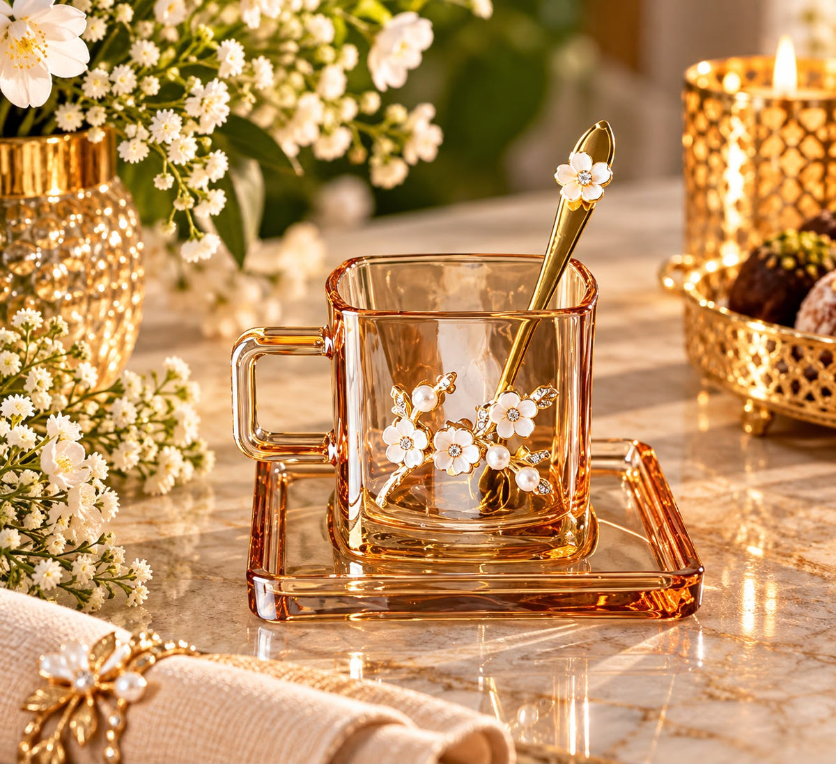 Luxury Amber Floral Glass Coffee Set - 12 Pieces
